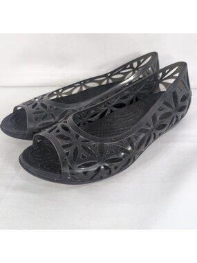 Crocs Isabella Jelly Flat Black Women 8 Shoes Peep Toe Floral Cut Out 204941